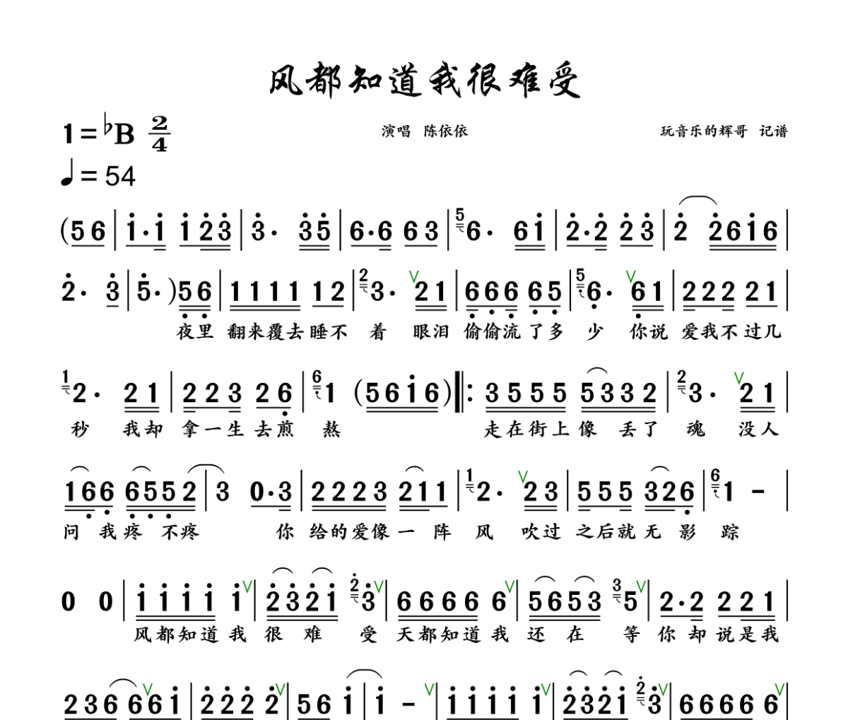 风都知道我很难受 简谱 陈依依《风都知道我很难受 》(遗憾版)简谱+动态视频