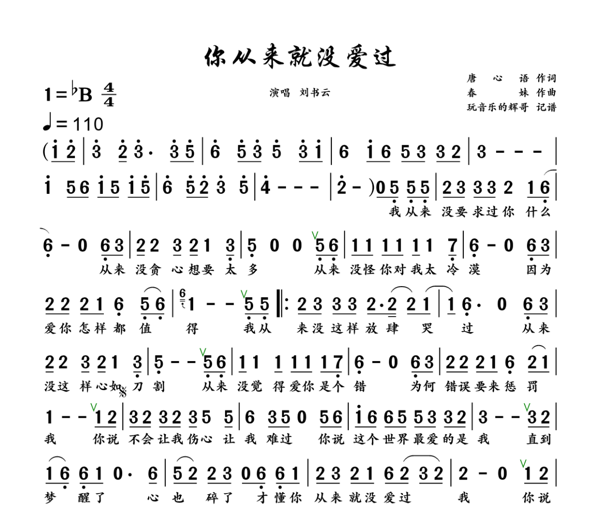 你从来就没爱过 简谱 刘书云《你从来就没爱过 》简谱+动态视频降B调