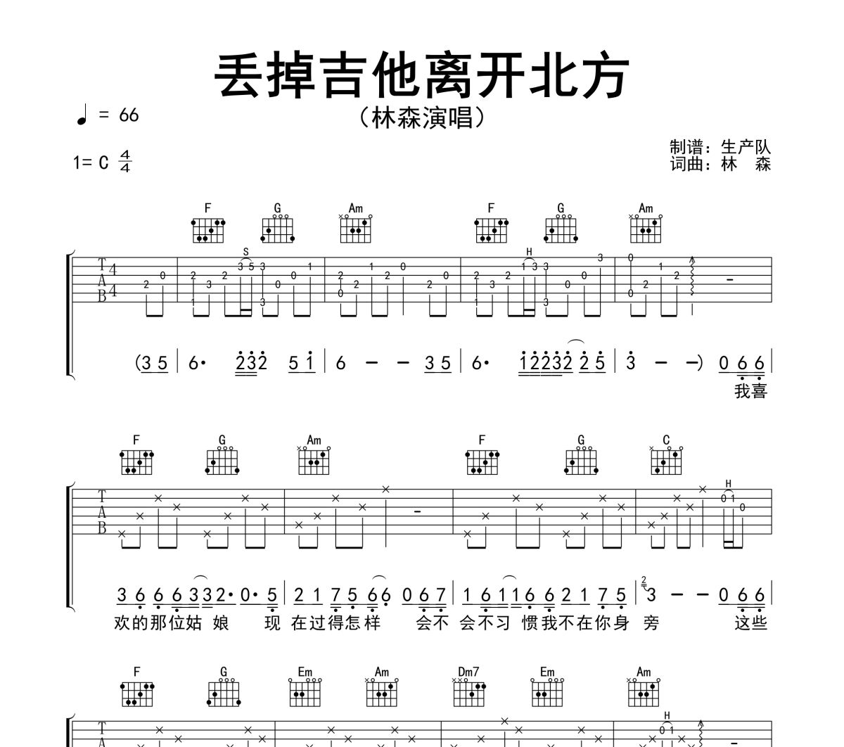 丢掉吉他离开北方吉他谱 林森《丢掉吉他离开北方》六线谱C调吉他谱