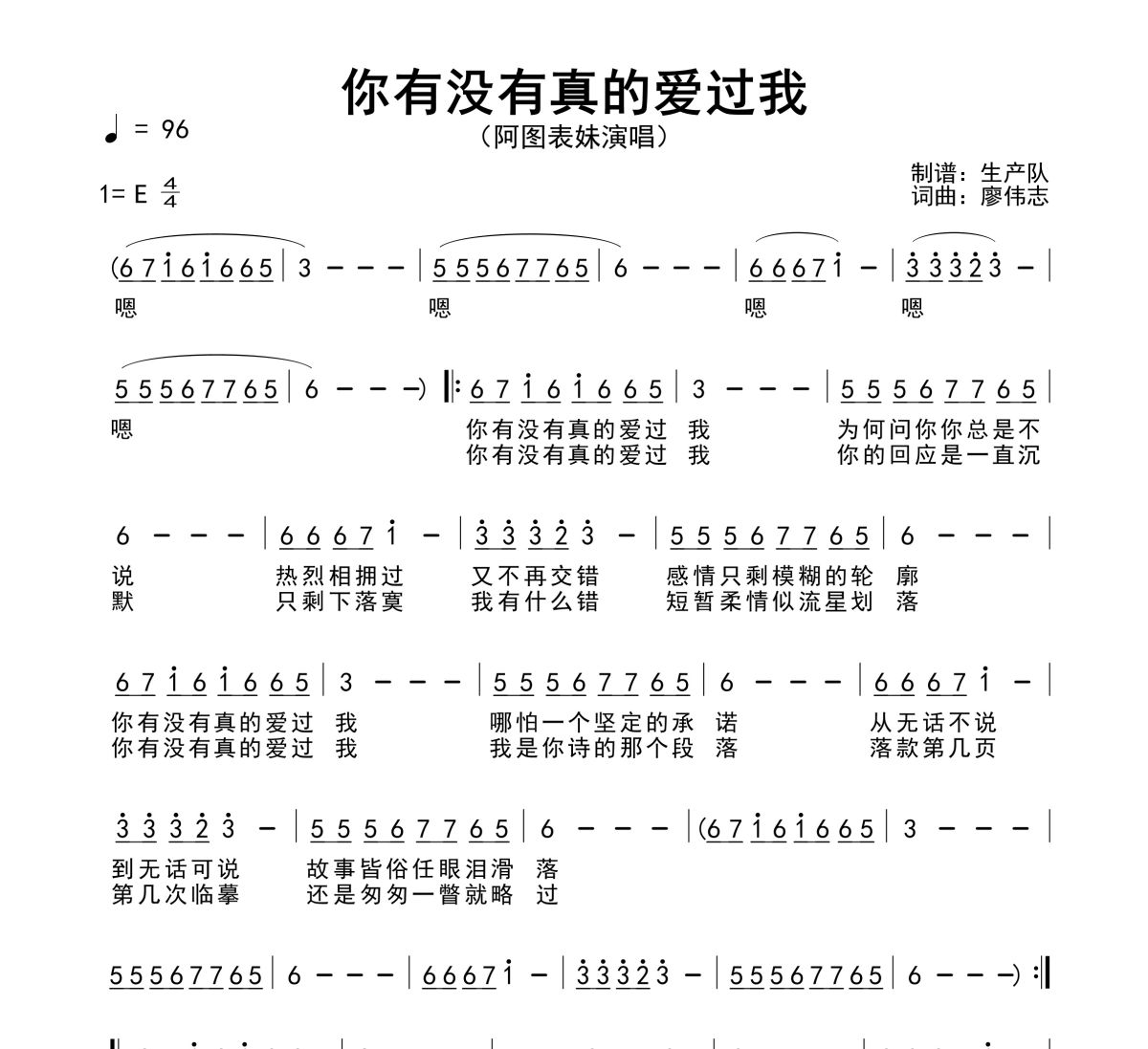 你有没有真的爱过我简谱 阿图表妹-你有没有真的爱过我 E调简谱