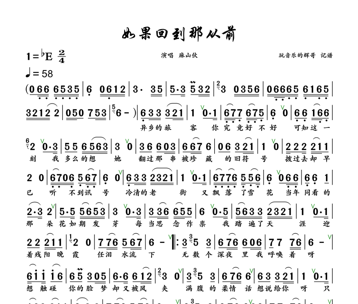 如果回到那从前 简谱 麻山伙《如果回到那从前 》简谱+动态视频 降E调