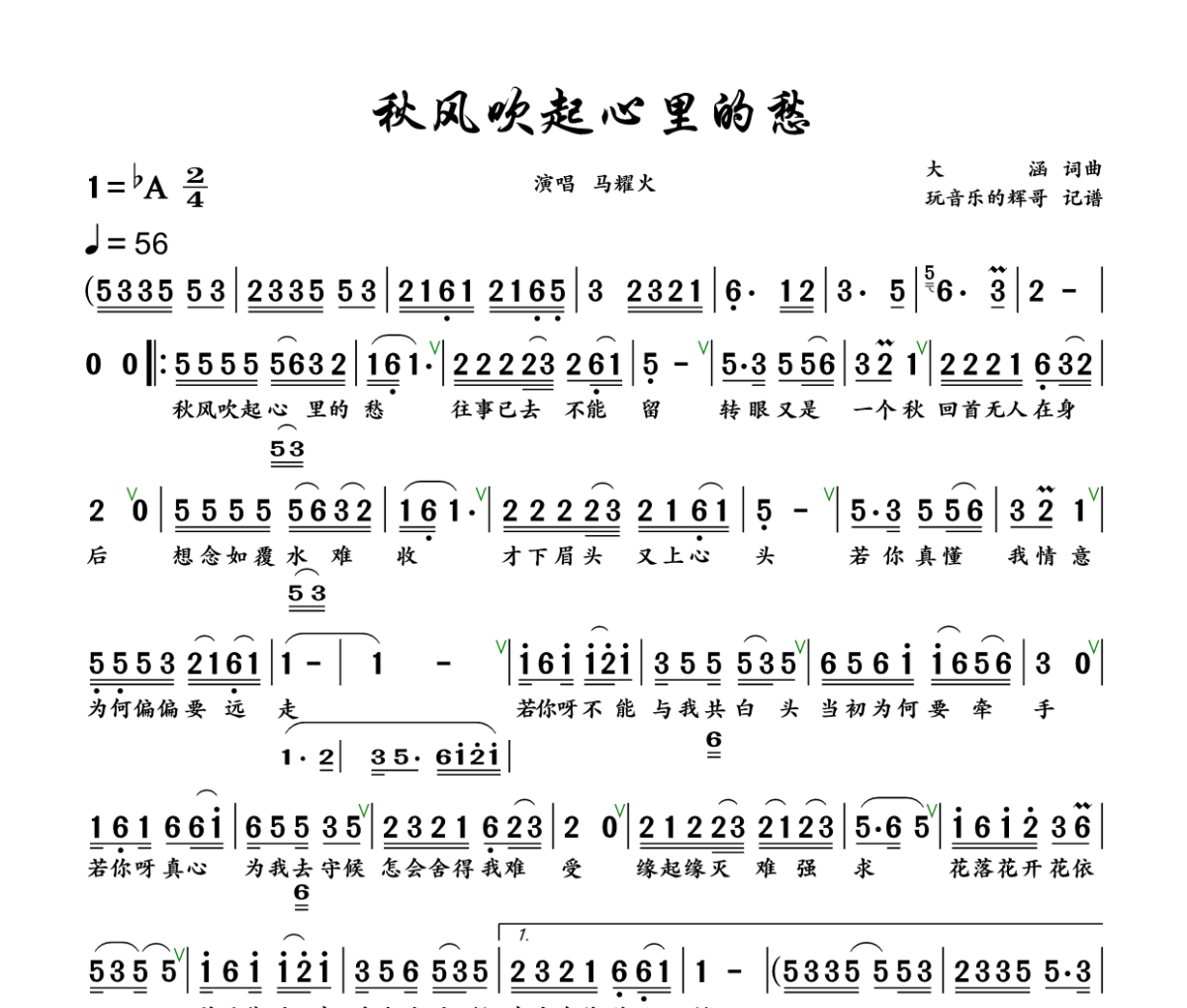 秋风吹起心里的愁简谱 马耀火《秋风吹起心里的愁》简谱+动态视频降A调