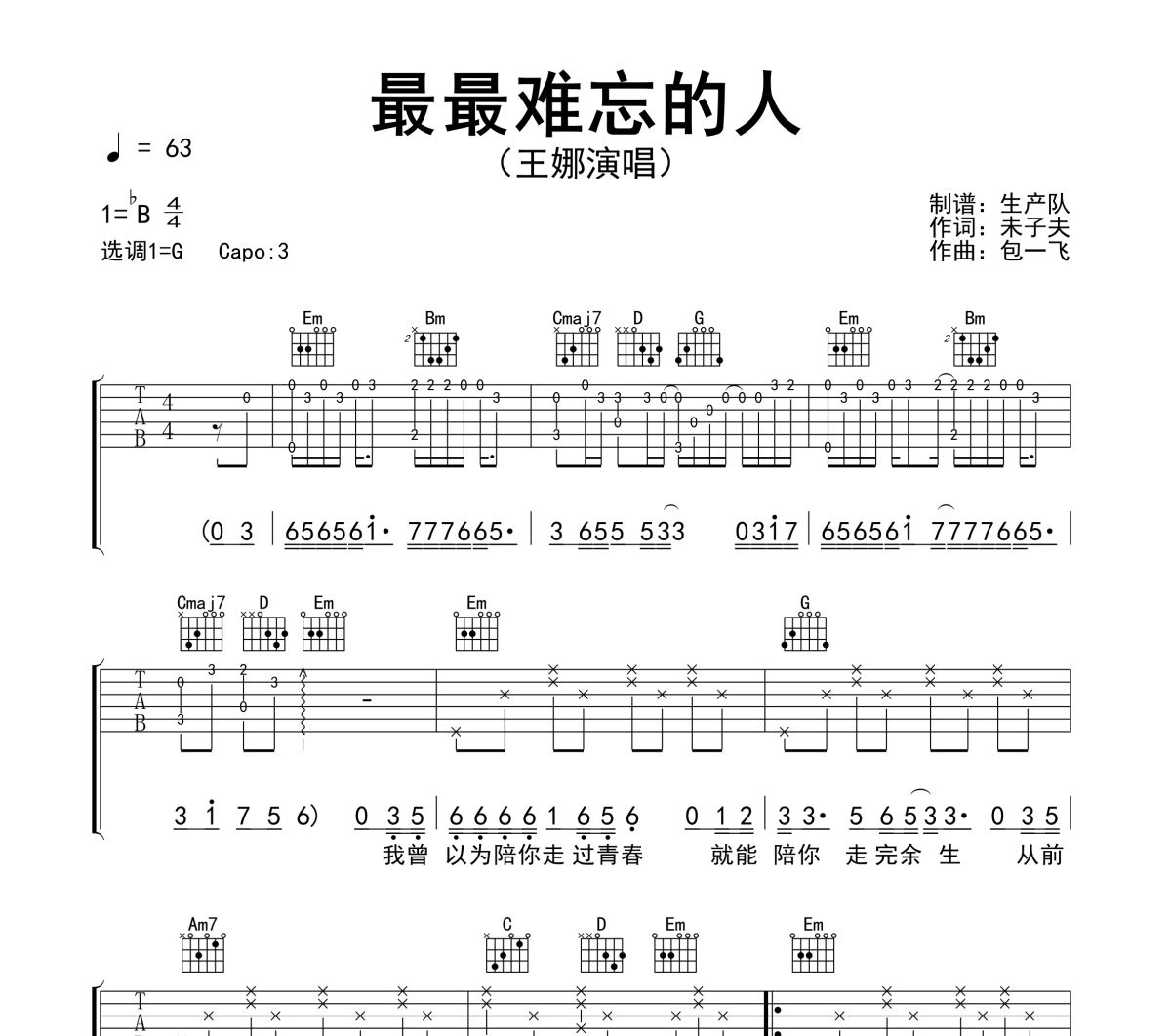 最最难忘的人吉他谱 王娜《最最难忘的人》六线谱G调吉他谱