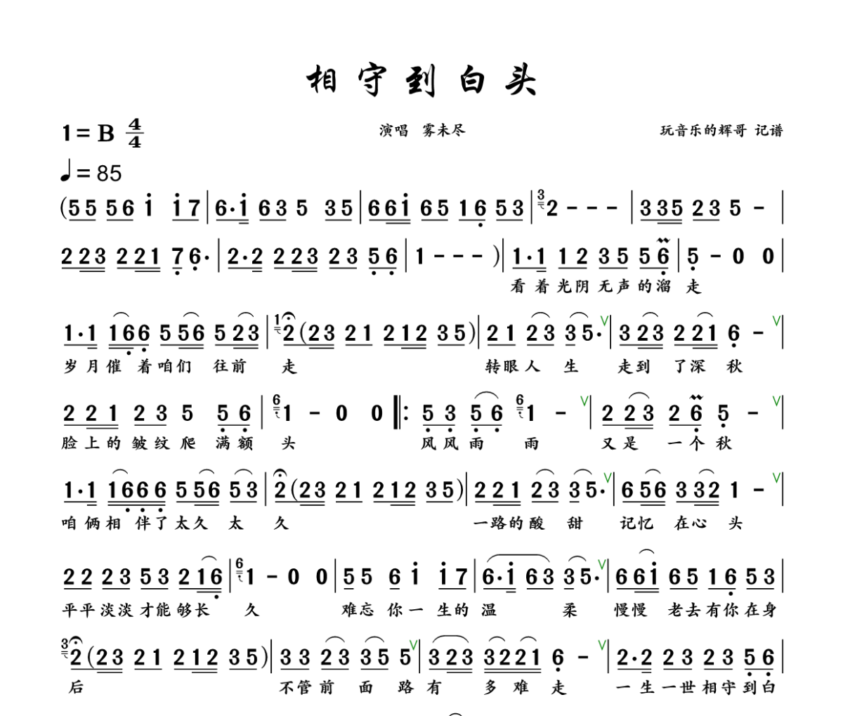 相守到白头简谱 雾未尽《相守到白头》简谱+动态视频B调