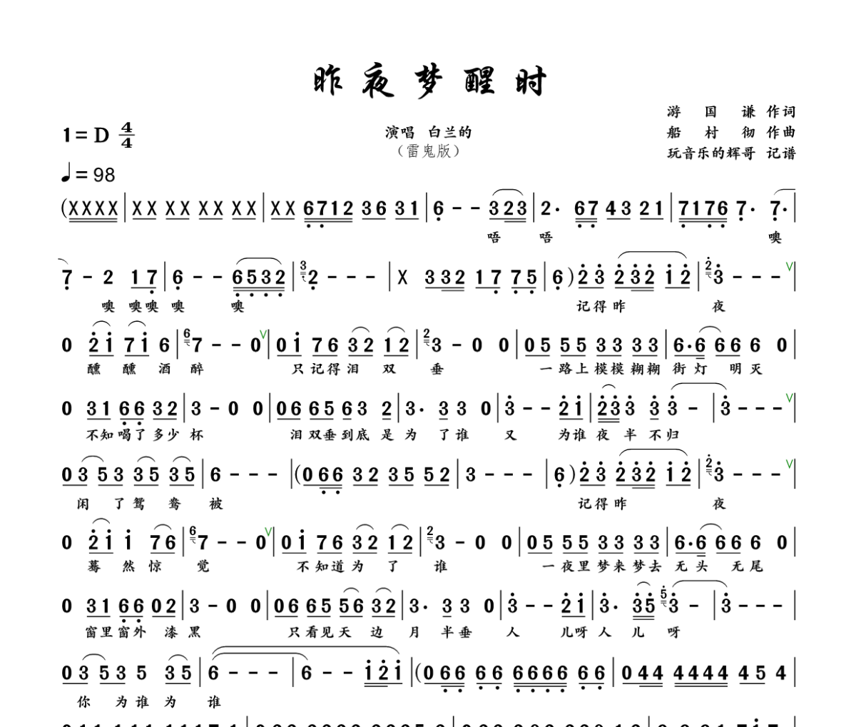 昨夜梦醒时 简谱 白兰的《昨夜梦醒时 》(雷鬼版)简谱+动态视频D调