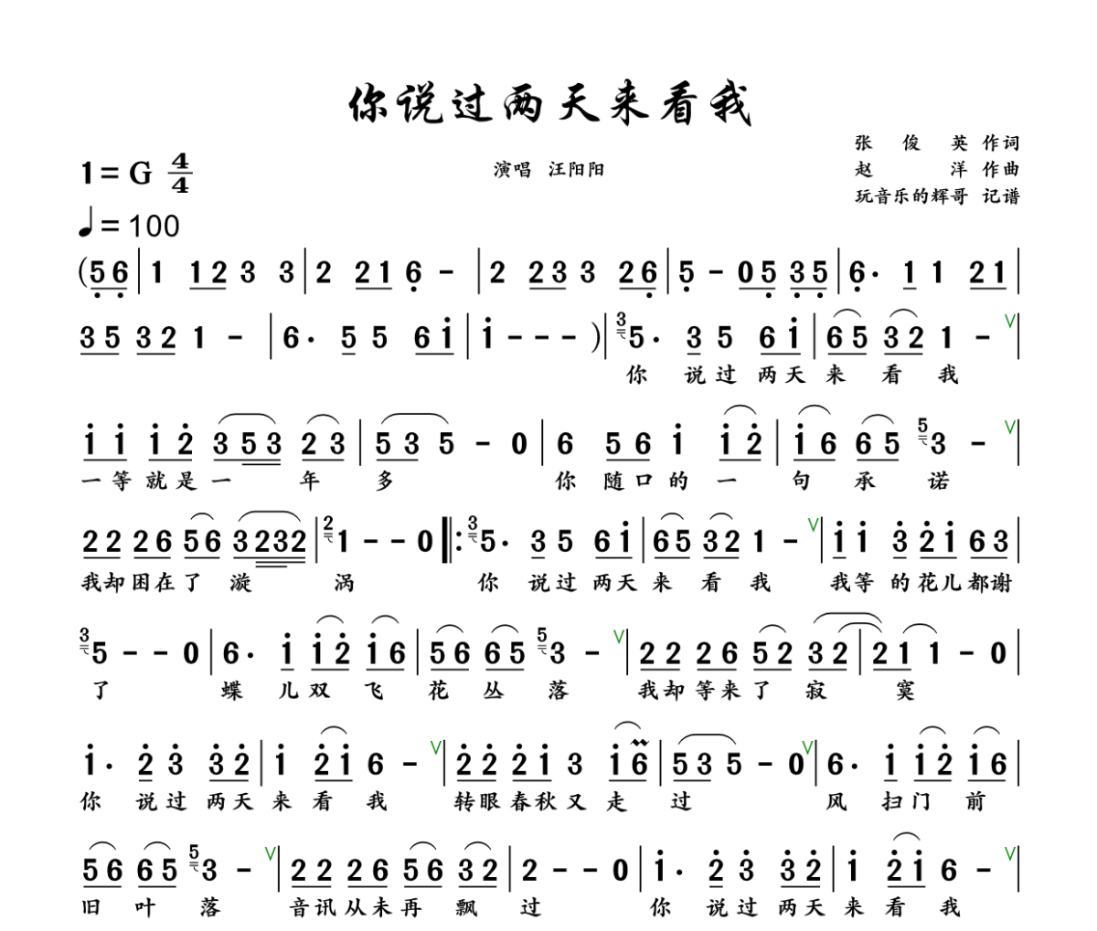 你说过两天来看我简谱 汪阳阳《你说过两天来看我》简谱+动态视频G调