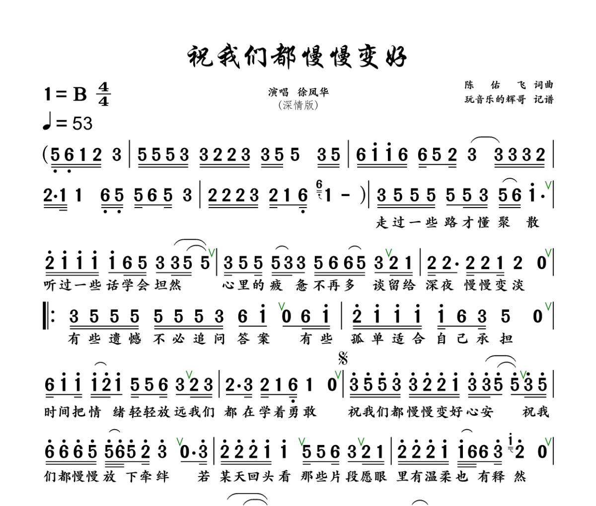 祝我们都慢慢变好 简谱 徐凤华《祝我们都慢慢变好 》(深情版)简谱+动态视频B调