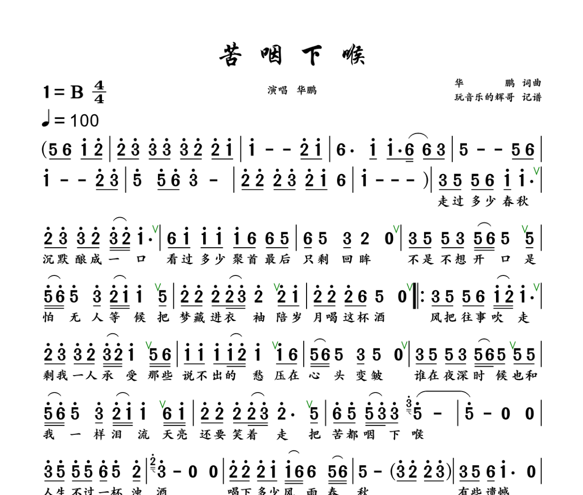 苦咽下喉简谱 华鹏《苦咽下喉》简谱+动态视频B调