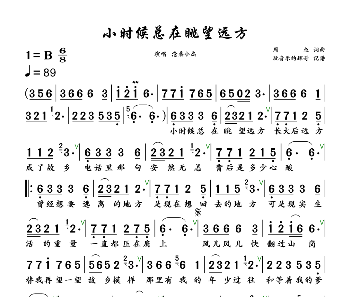 小时候总在眺望远方简谱 沧桑小杰《小时候总在眺望远方》简谱+动态视频B调