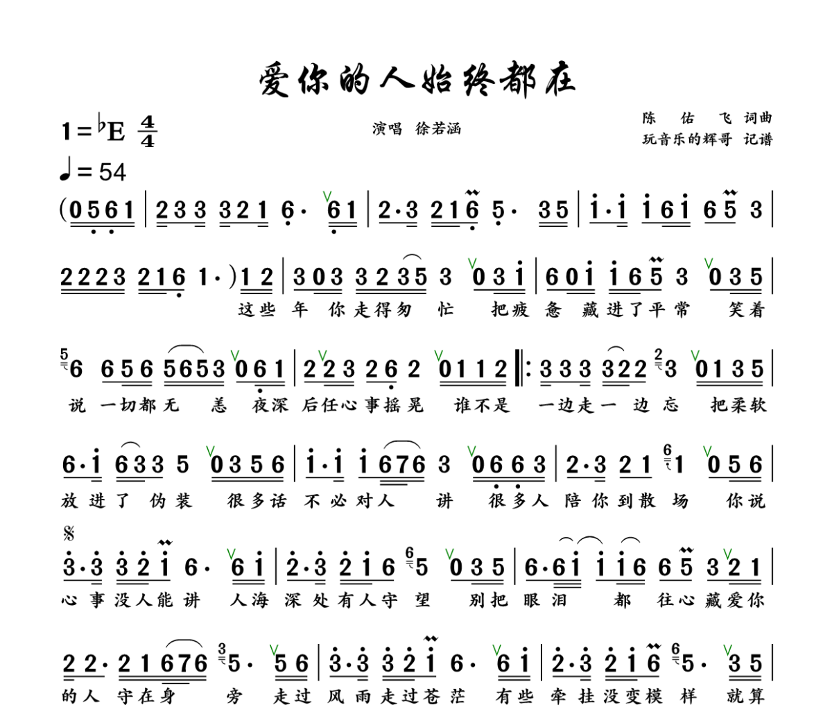 爱你的人始终都在 简谱 徐若涵《爱你的人始终都在 》(深情版)简谱+动态视频